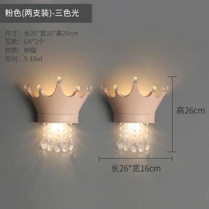 Cute resin crystal pink crown wall sconce bedroom light