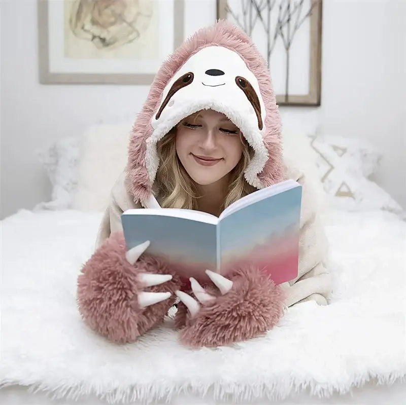 Cute sloth beige & pink flannel lap blanket bedroom plush shawl
