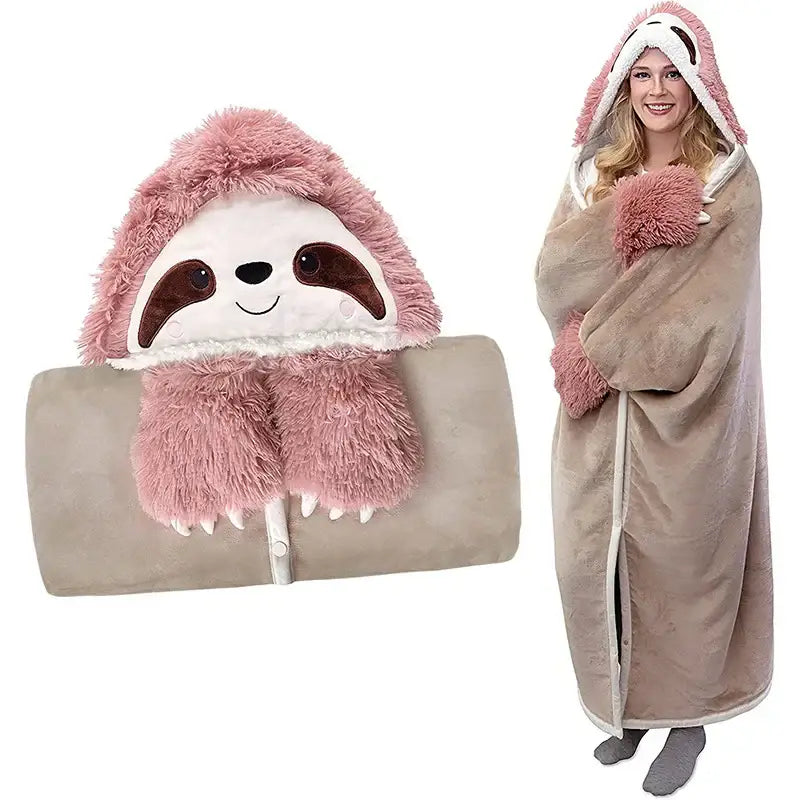 Cute sloth beige & pink flannel lap blanket bedroom plush shawl