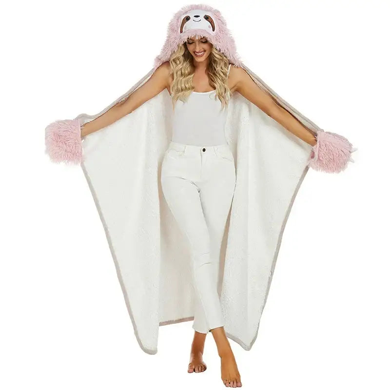 Cute sloth beige & pink flannel lap blanket bedroom plush shawl