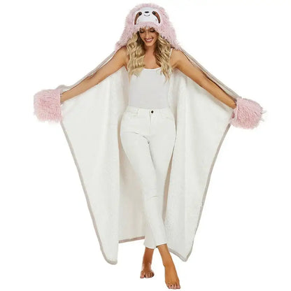 Cute sloth beige & pink flannel lap blanket bedroom plush shawl