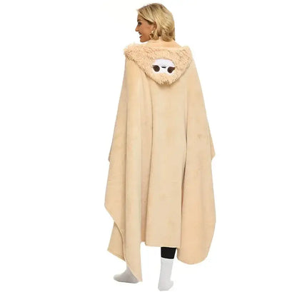 Cute sloth flannel shawl blanket tan hooded cape bedroom warmth