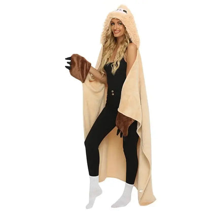 Cute sloth flannel shawl blanket tan hooded cape bedroom warmth