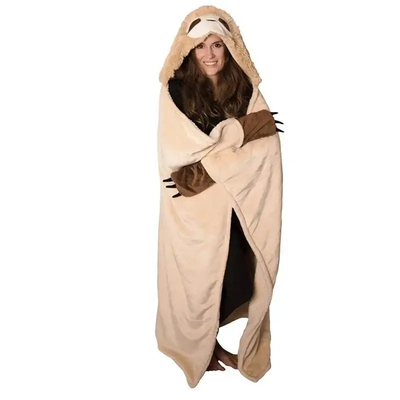 Cute sloth flannel shawl blanket tan hooded cape bedroom warmth