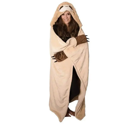 Cute sloth flannel shawl blanket tan hooded cape bedroom warmth