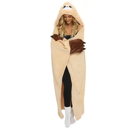 Cute sloth flannel shawl blanket tan hooded cape bedroom warmth