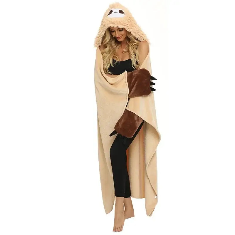 Cute sloth flannel shawl blanket tan hooded cape bedroom warmth