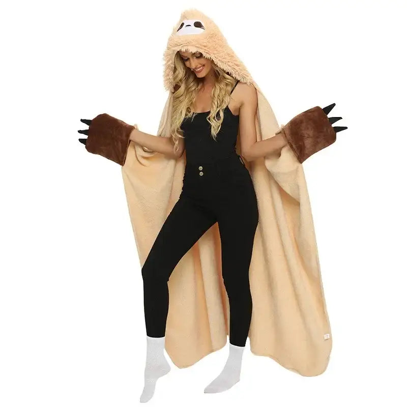 Cute sloth flannel shawl blanket tan hooded cape bedroom warmth