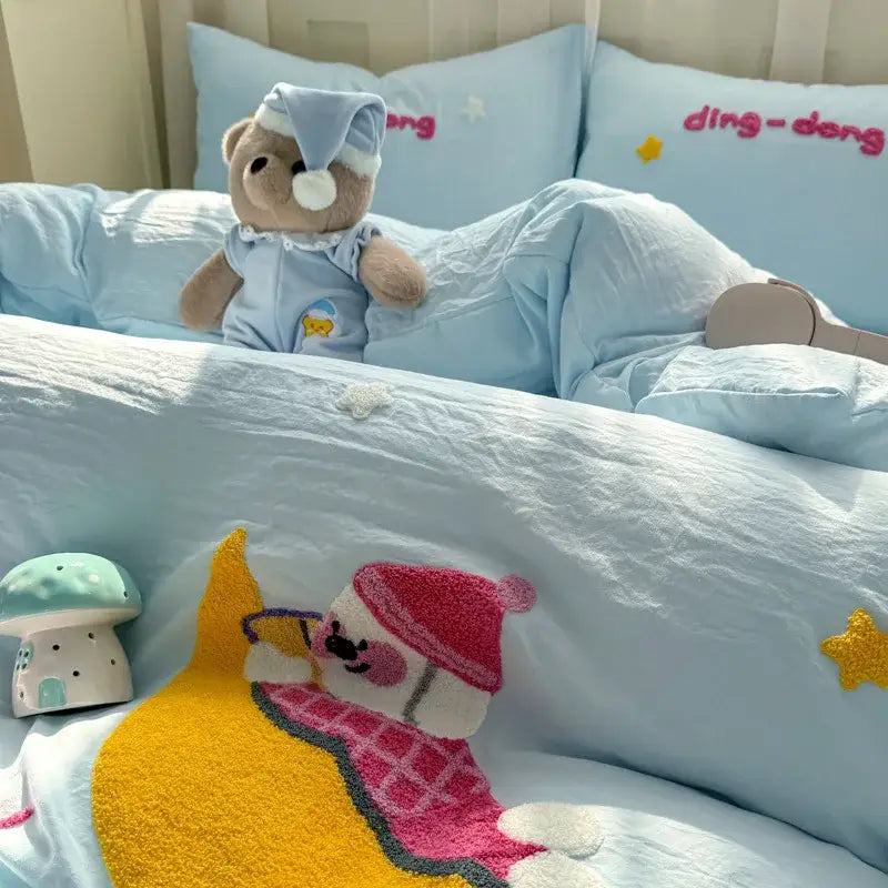 Cute teddy bear cartoon embroidery bed set bedroom soft blue bedding