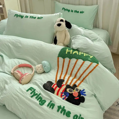 Cute teddy bear cartoon embroidery bed set bedroom soft blue bedding