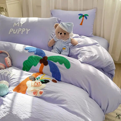 Cute teddy bear cartoon embroidery bed set bedroom soft blue bedding