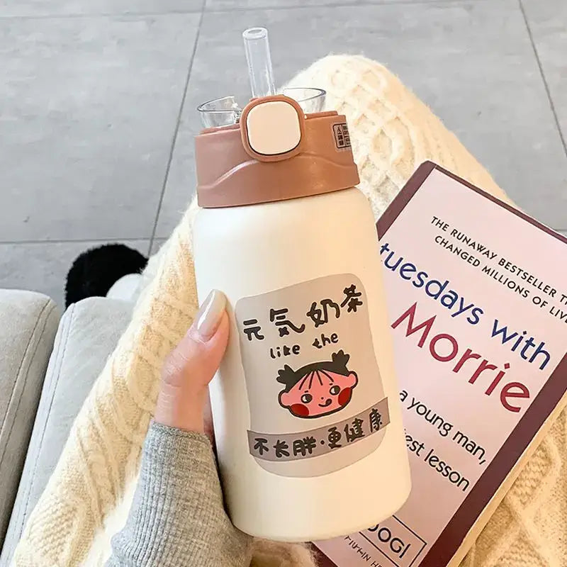 Cute white and green cartoon straw thermos cup for kitchen and travel