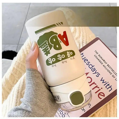 Cute white and green cartoon straw thermos cup for kitchen and travel