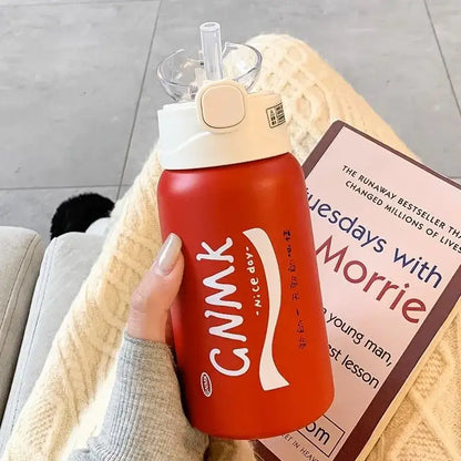 Cute white and green cartoon straw thermos cup for kitchen and travel