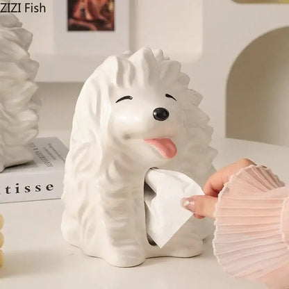 Cute white ceramic poodle cartoon puppy tissue box bedroom decor