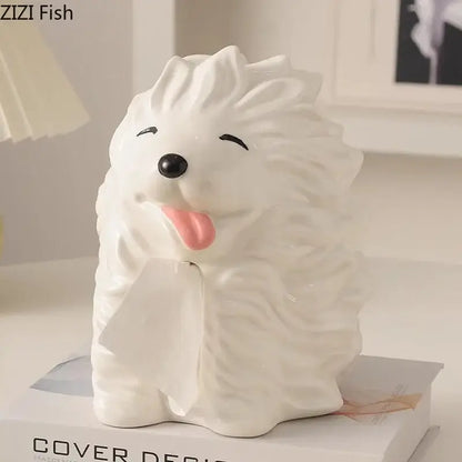 Cute white ceramic poodle cartoon puppy tissue box bedroom decor