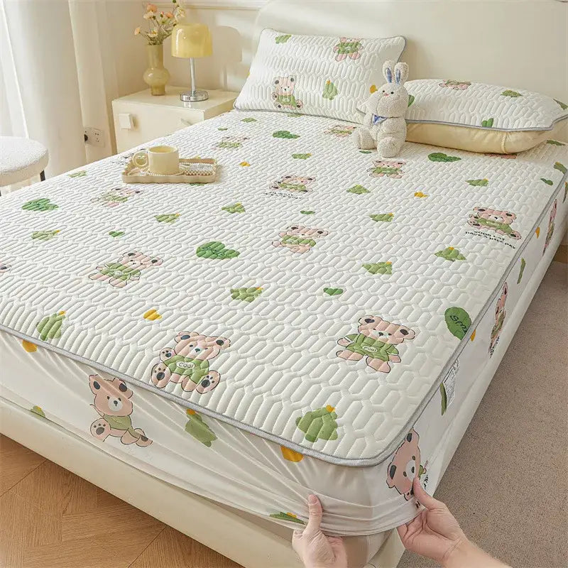 Cute white floral cartoon pattern cooling fitted sheet bedroom