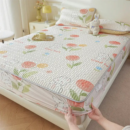 Cute white floral cartoon pattern cooling fitted sheet bedroom