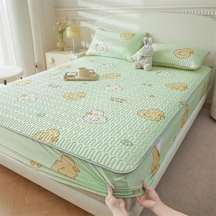 Cute white floral cartoon pattern cooling fitted sheet bedroom