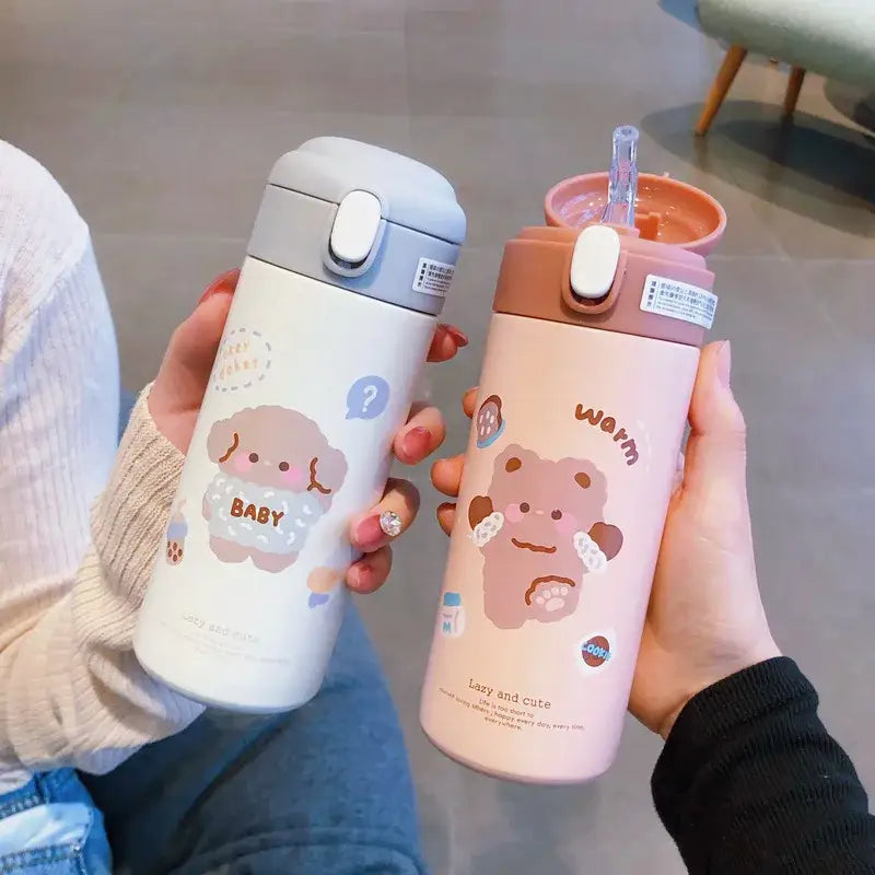 Cute white & pink stainless steel straw cup vacuum flask kitchen water bottle