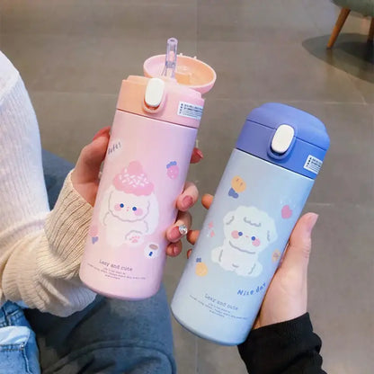 Cute white & pink stainless steel straw cup vacuum flask kitchen water bottle