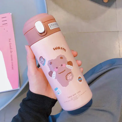 Cute white & pink stainless steel straw cup vacuum flask kitchen water bottle