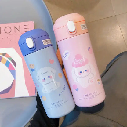 Cute white & pink stainless steel straw cup vacuum flask kitchen water bottle