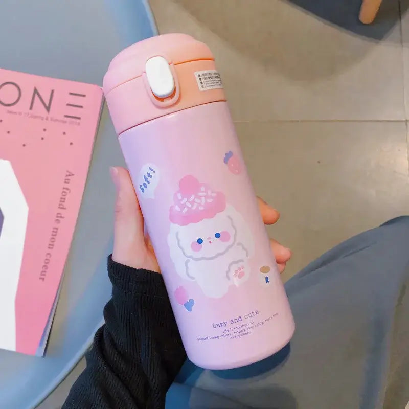 Cute white & pink stainless steel straw cup vacuum flask kitchen water bottle