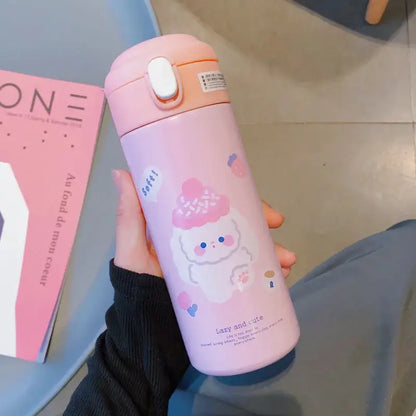 Cute white & pink stainless steel straw cup vacuum flask kitchen water bottle
