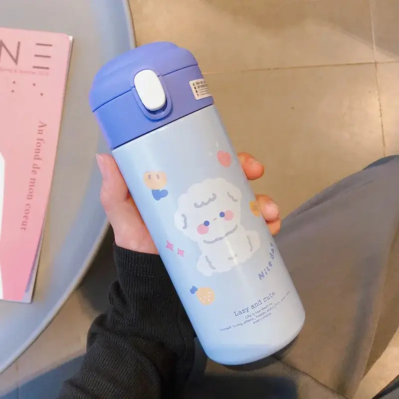 Cute white & pink stainless steel straw cup vacuum flask kitchen water bottle