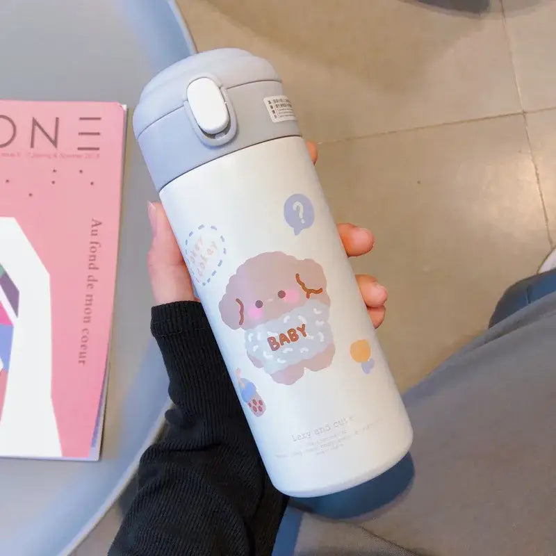 Cute white & pink stainless steel straw cup vacuum flask kitchen water bottle
