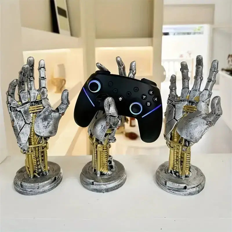 Cyberpunk silver & gold mechanical arm desktop stand gaming decor