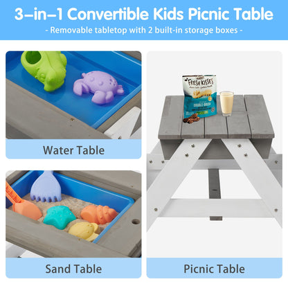 3-In-1 Kids Outdoor Wooden Picnic Table With Umbrella, Convertible Sand & Water, ASTM & CPSIA Certification
