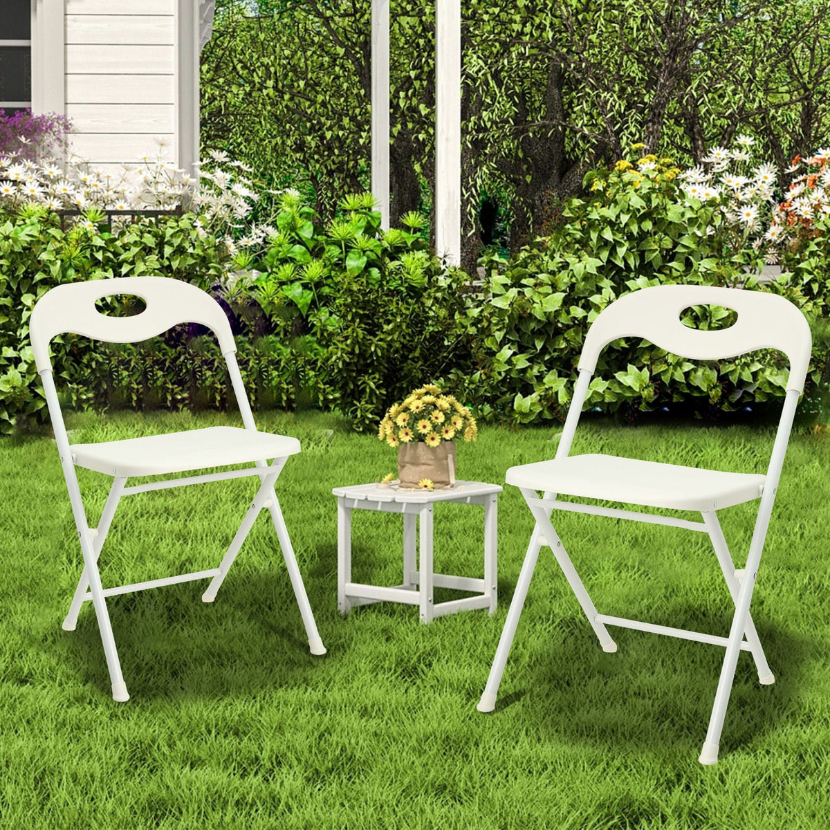 Folding Chairs, Stackable & Waterproof (Set of 4) - White