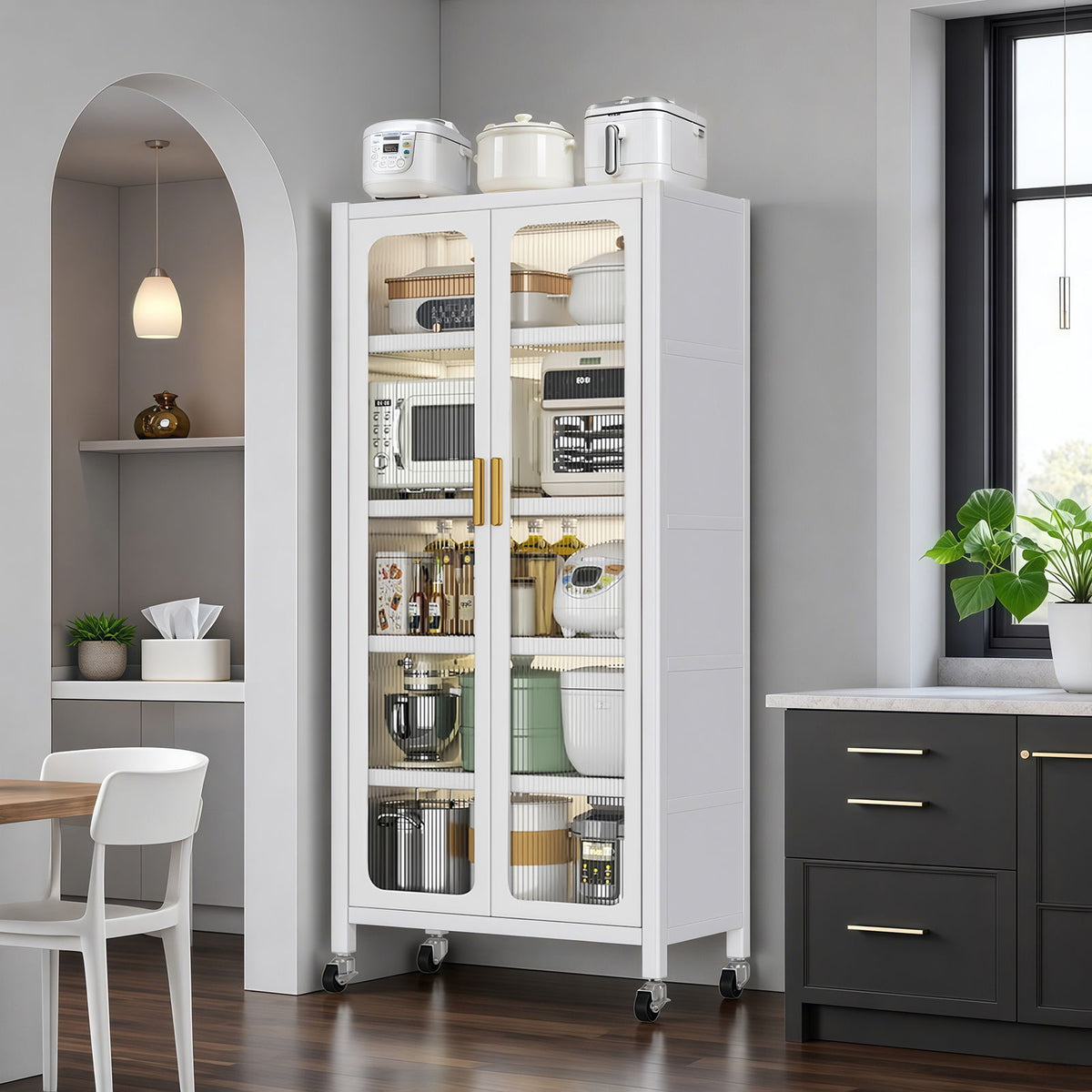 6 Tier Storage Cabinet With Transparent Door, Adjustable Shelves & Wheels