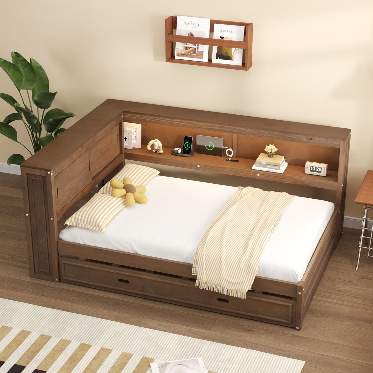 Daybed With Storage Shelves, LED, USB, And Trundle