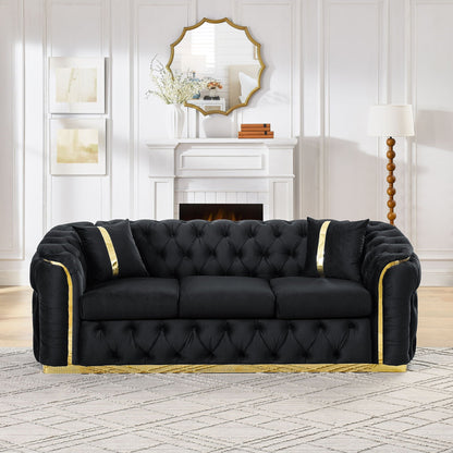 Button Tufted Couch With 2 Pillows, 3 Seater Luxury Chesterfield Sofa
