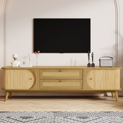Rattan TV Stand For Tvs Up To 75'', Modern Farmhouse Media Console, Entertainment Center With Legs, TV Cabinet For Living Room, Home Theatre - Natural Wood