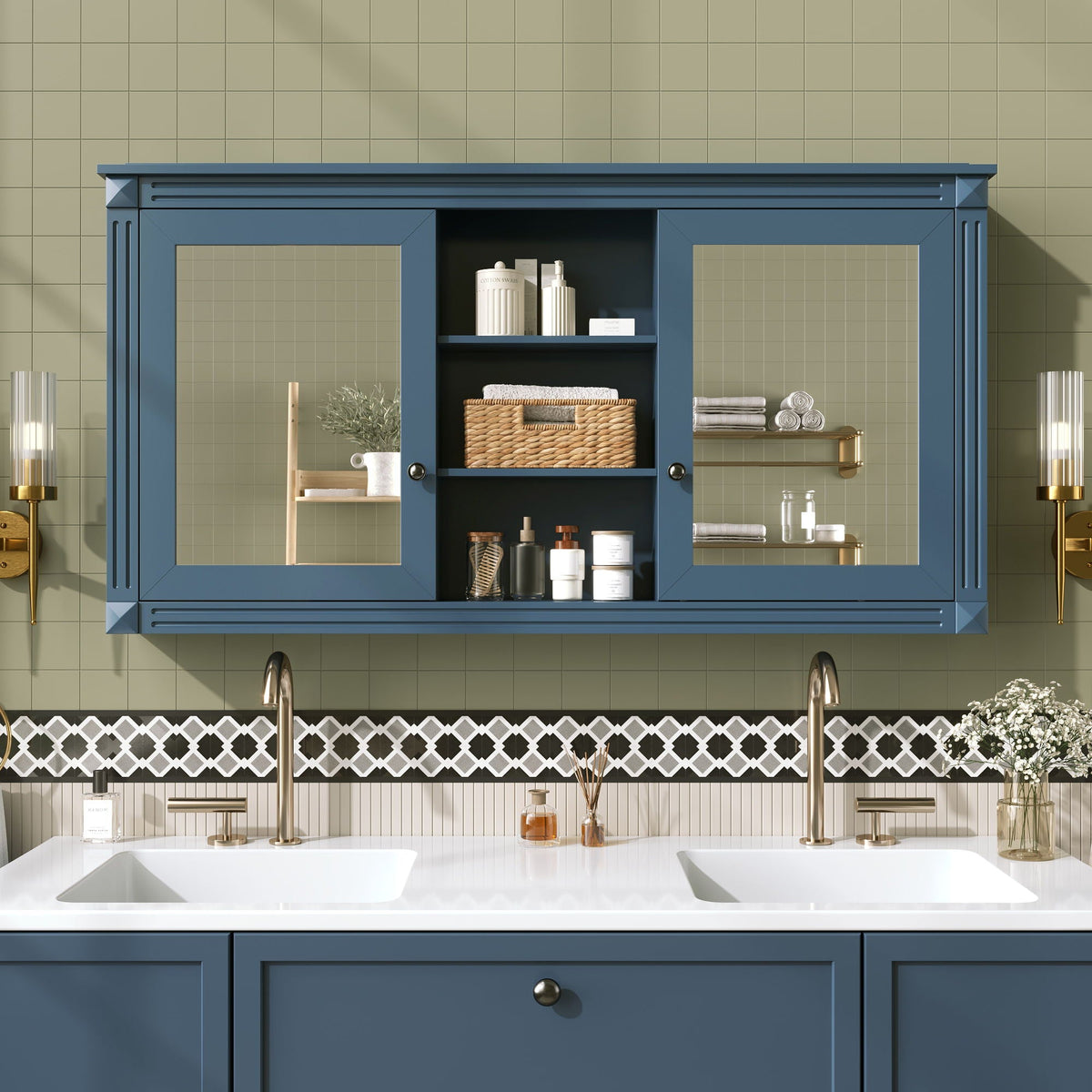 Modern Wall-Mount 2 In 1 Mirror Cabinet With Adjustable Shelves, Soft-Closing Hinges