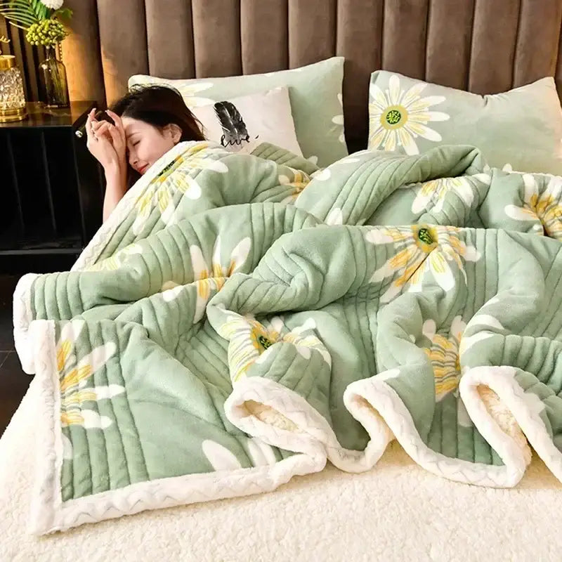 Daisy embroidered mint & white cozy milk velvet blanket bedroom warmth