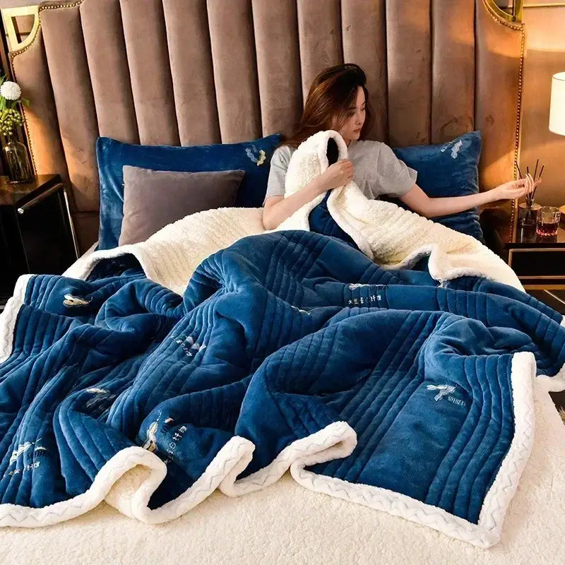 Daisy embroidered mint & white cozy milk velvet blanket bedroom warmth