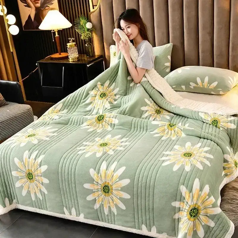 Daisy embroidered mint & white cozy milk velvet blanket bedroom warmth