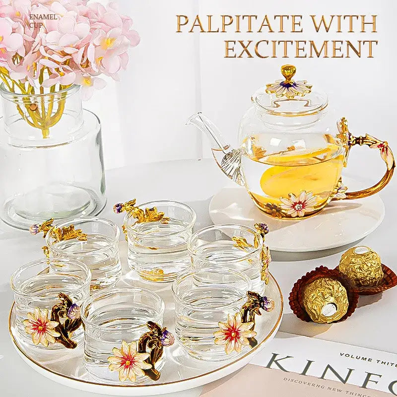Daisy enamel pink crystal glass teapot set dining room drinkware