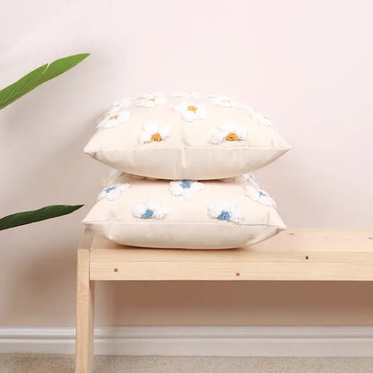 Daisy flora embroidered blue & white cushion cover living room decor