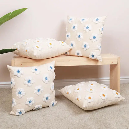 Daisy flora embroidered blue & white cushion cover living room decor