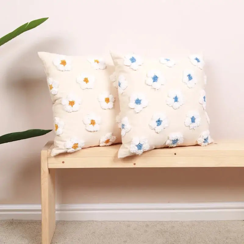 Daisy flora embroidered blue & white cushion cover living room decor