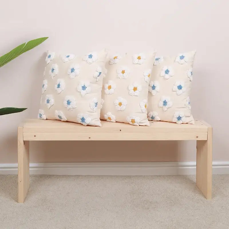 Daisy flora embroidered blue & white cushion cover living room decor