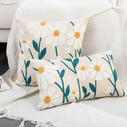 Daisy floral embroidered beige pillow cover bedroom decor