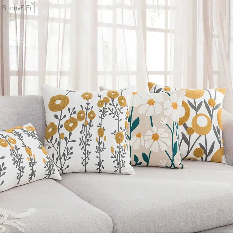 Daisy floral embroidered beige pillow cover bedroom decor