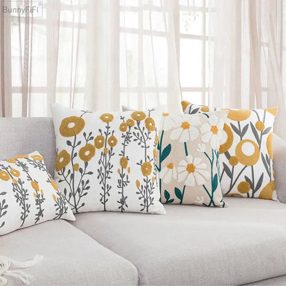 Daisy floral embroidered beige pillow cover bedroom decor